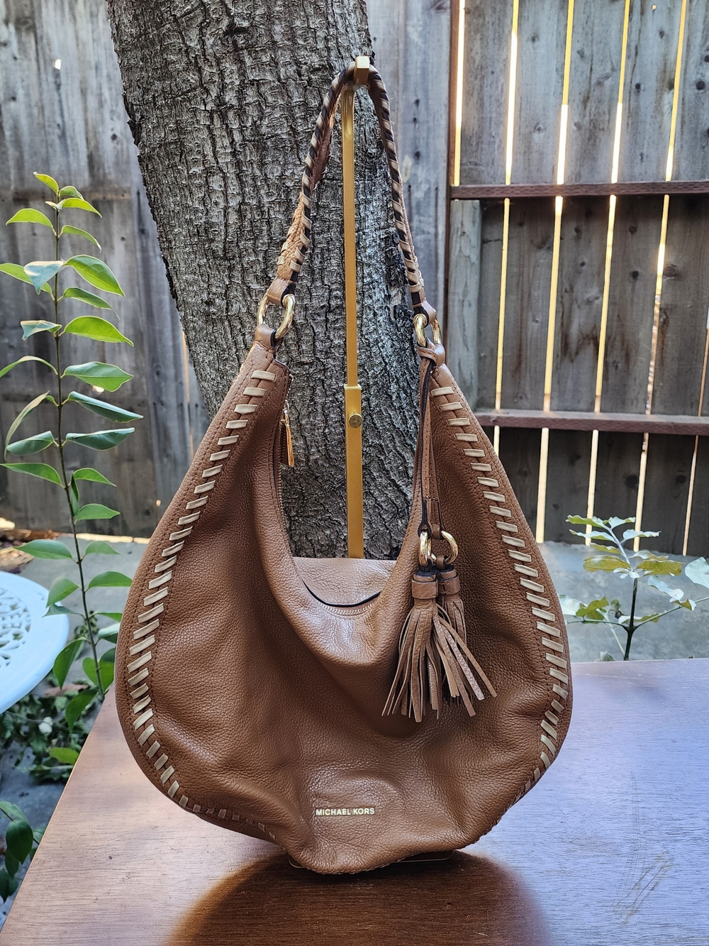 Michael Kors Lauryn Large Brown Leather Shoulder Bag Hobo Whipstitch Tassel